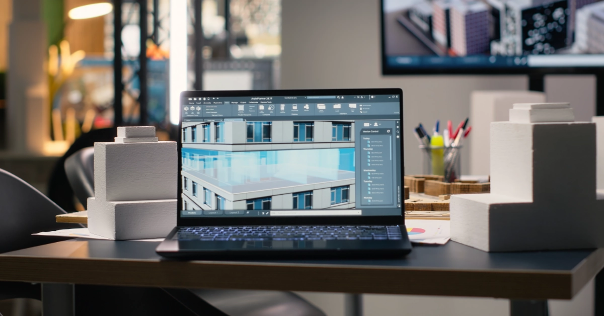 Laptop displaying a 3D building model, illustrating BIM for infrastructure projects and digital engineering.