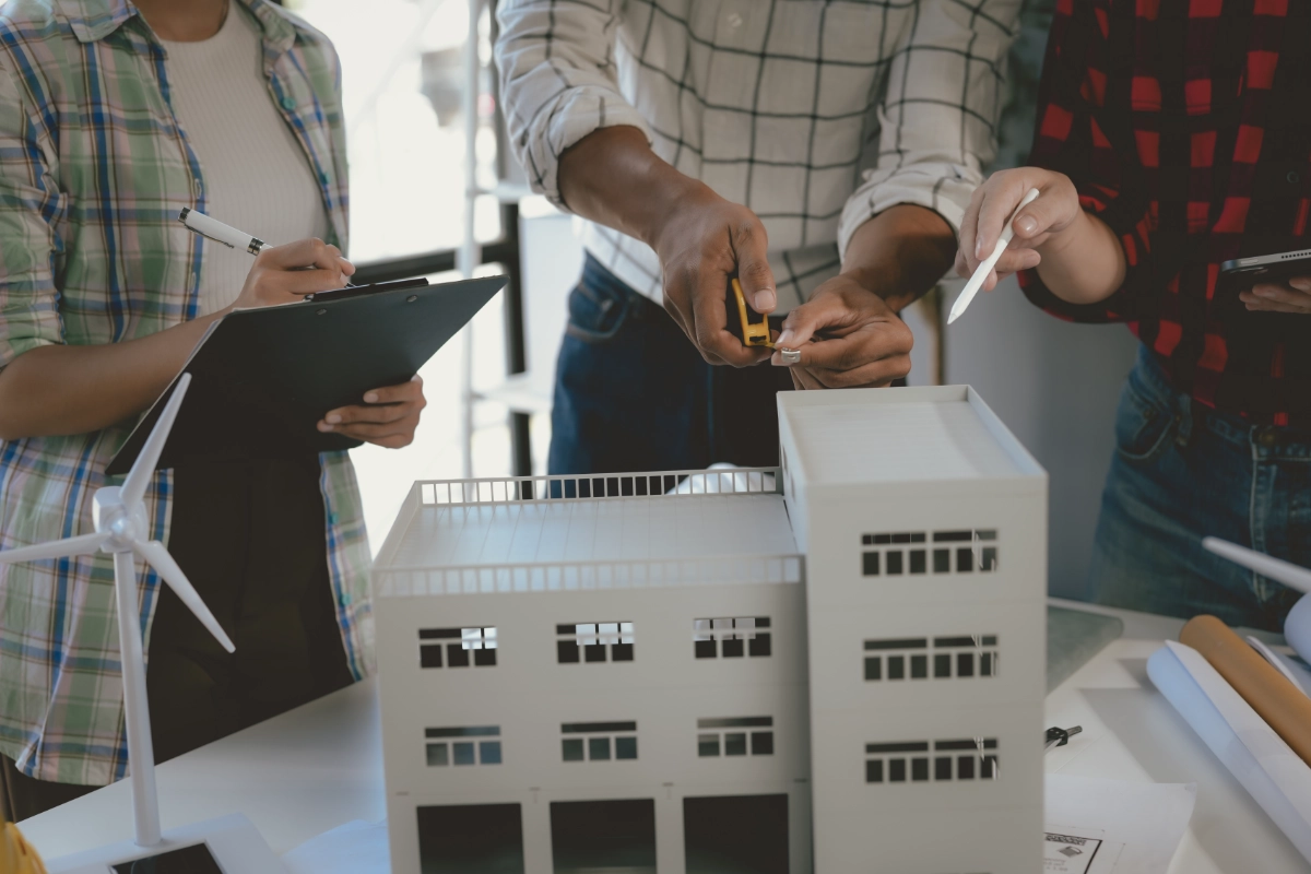 Engineers collaborating around an architectural model, illustrating multidisciplinary teamwork and BIM for infrastructure projects.